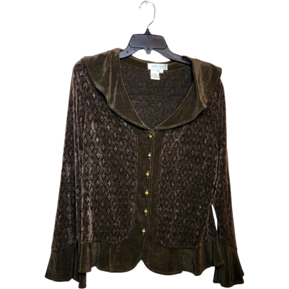Coldwater Creek Jacket Cardigan Large Green Slinky Travel Knit Ruffle Trim Top